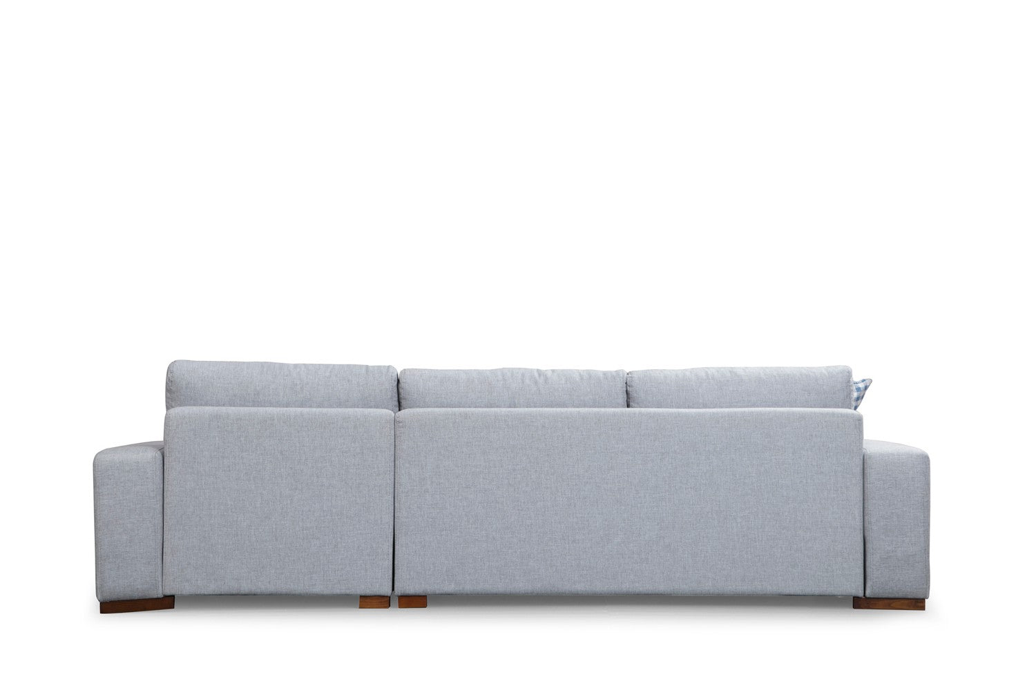 Sofá de canto elegante com estrutura de madeira de faia, tecido cinza claro, 290 x 194 cm | Inclui 2 almofadas portáteis, pernas de nogueira, perfeito para casas escandinavas modernas