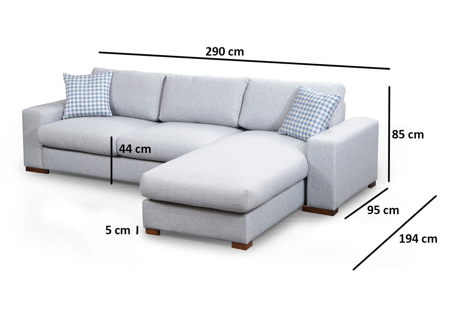 Sofá de canto elegante com estrutura de madeira de faia, tecido cinza claro, 290 x 194 cm | Inclui 2 almofadas portáteis, pernas de nogueira, perfeito para casas escandinavas modernas