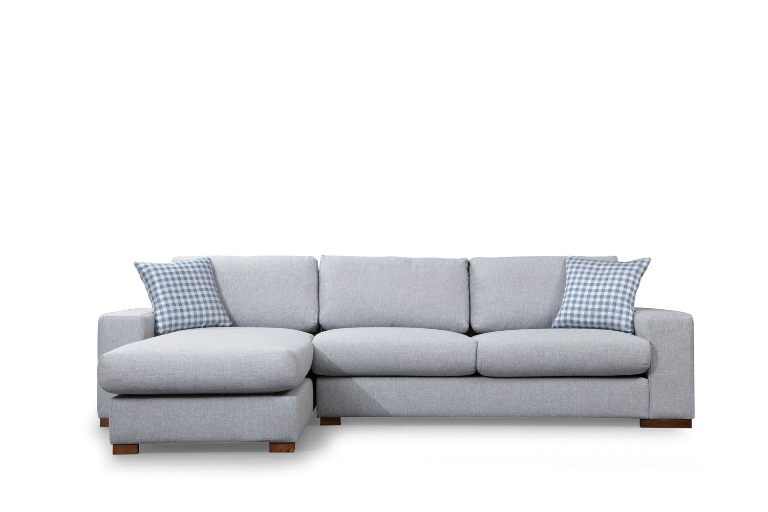 Sofá de canto elegante com estrutura de madeira de faia, tecido de poliéster cinza claro, 290 x 194 cm | Inclui 2 almofadas portáteis, pernas de nogueira, design escandinavo