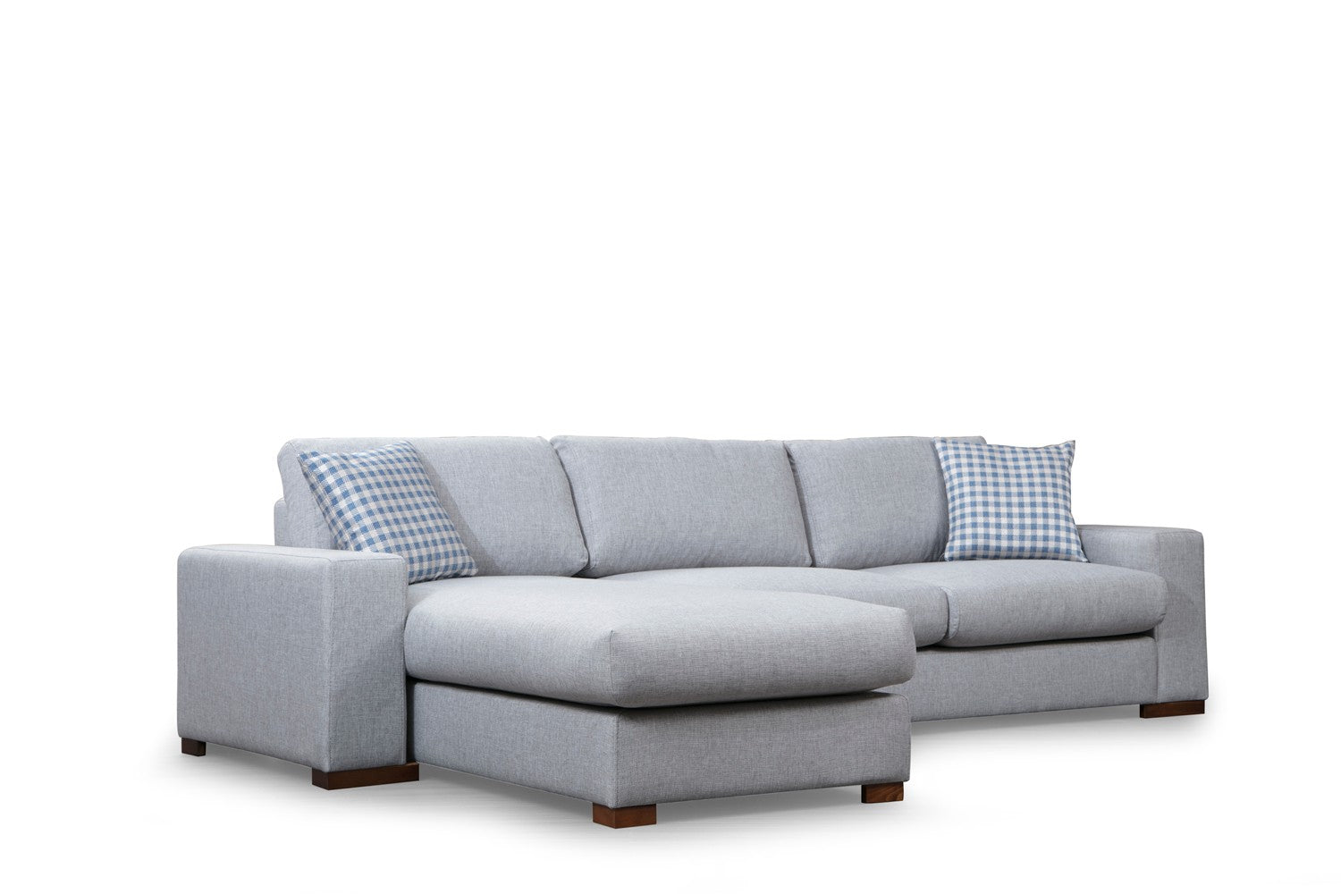 Sofá de canto elegante com estrutura de madeira de faia, tecido de poliéster cinza claro, 290 x 194 cm | Inclui 2 almofadas portáteis, pernas de nogueira, design escandinavo
