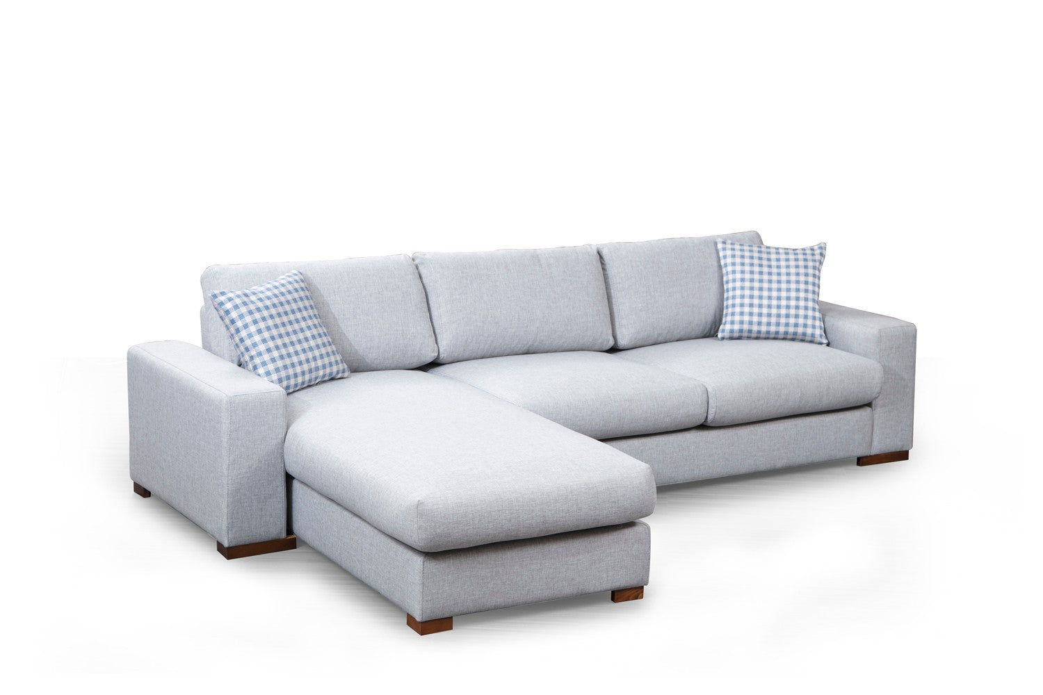 Sofá de canto elegante com estrutura de madeira de faia, tecido de poliéster cinza claro, 290 x 194 cm | Inclui 2 almofadas portáteis, pernas de nogueira, design escandinavo