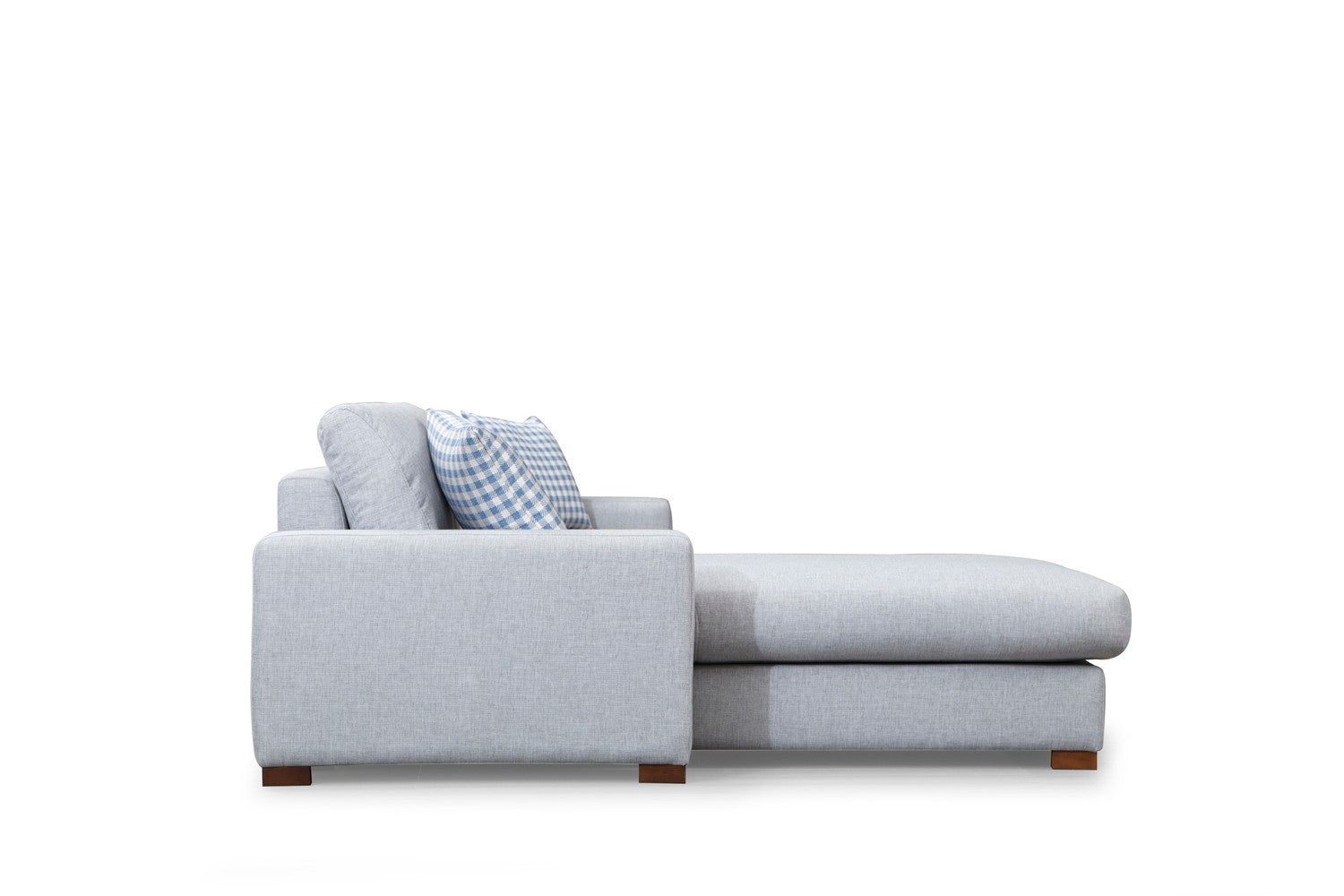 Sofá de canto elegante com estrutura de madeira de faia, tecido de poliéster cinza claro, 290 x 194 cm | Inclui 2 almofadas portáteis, pernas de nogueira, design escandinavo