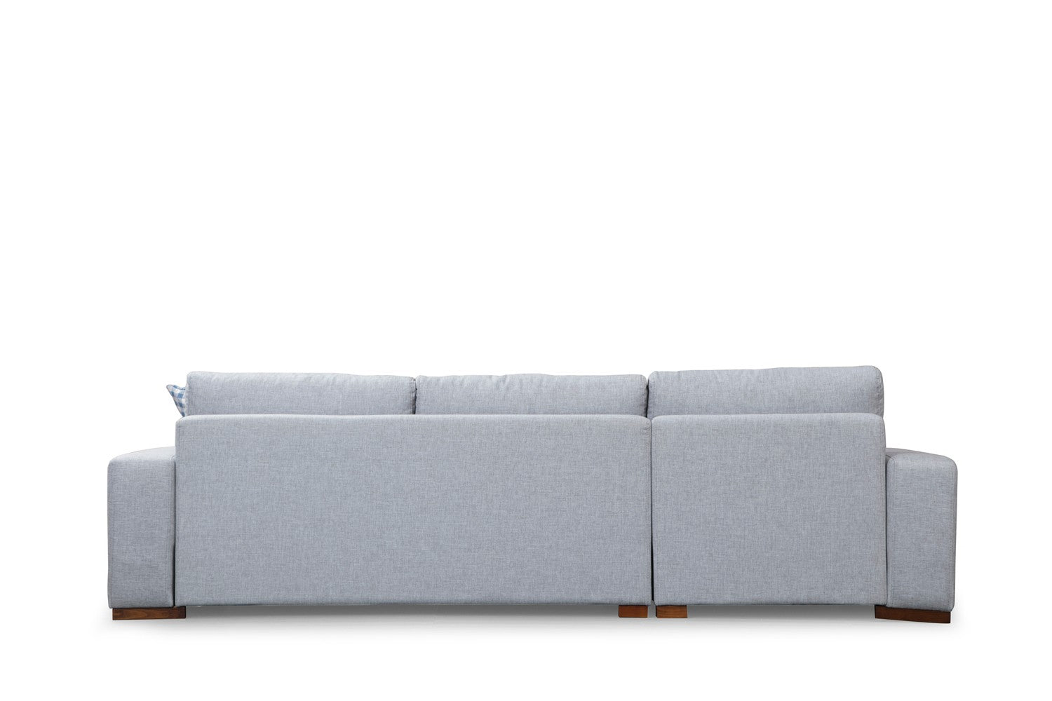 Sofá de canto elegante com estrutura de madeira de faia, tecido de poliéster cinza claro, 290 x 194 cm | Inclui 2 almofadas portáteis, pernas de nogueira, design escandinavo