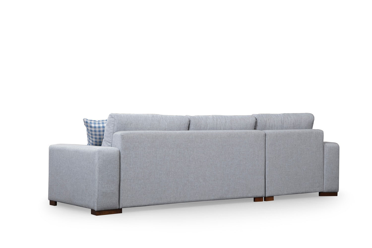 Sofá de canto elegante com estrutura de madeira de faia, tecido de poliéster cinza claro, 290 x 194 cm | Inclui 2 almofadas portáteis, pernas de nogueira, design escandinavo