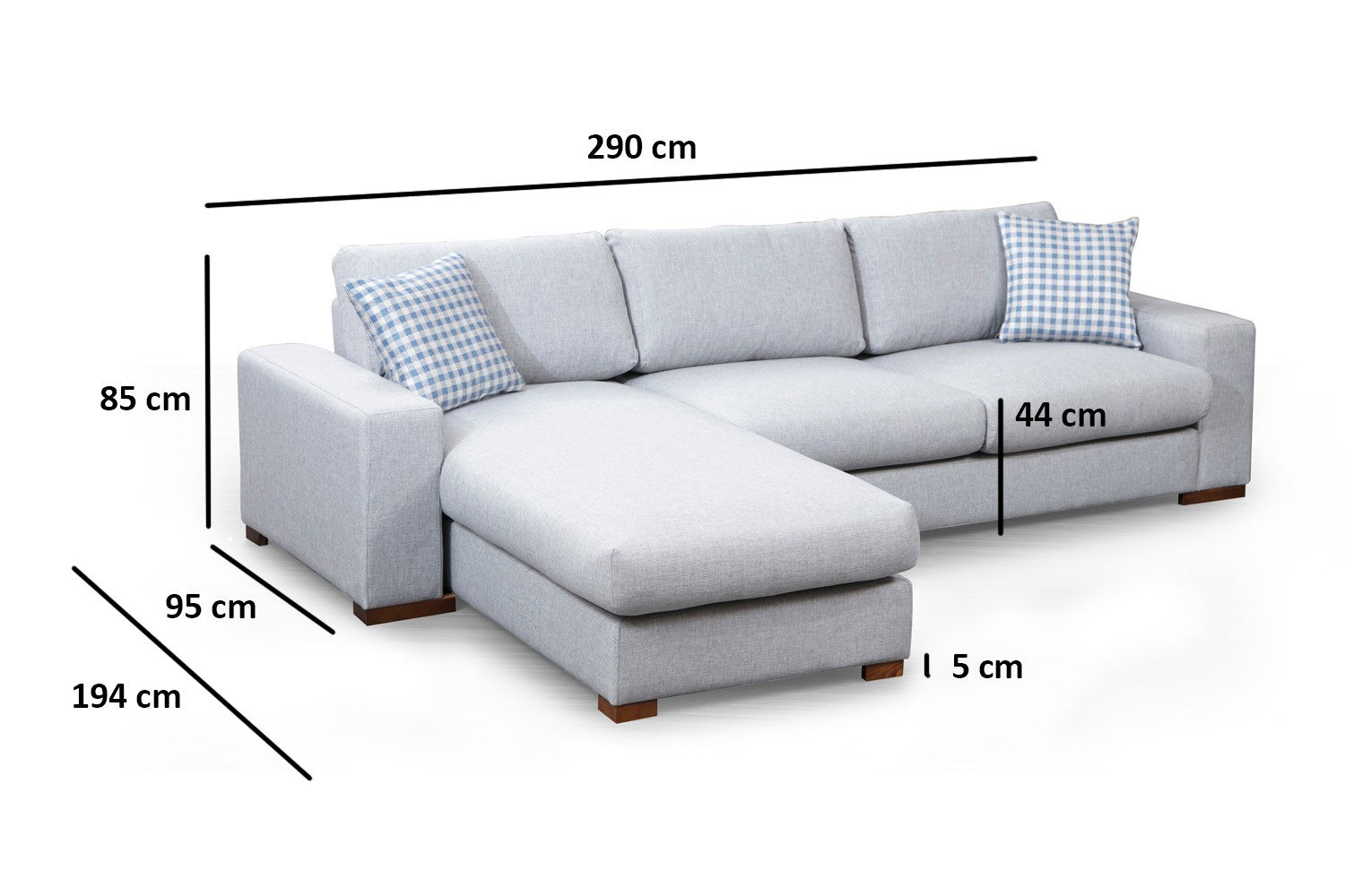 Sofá de canto elegante com estrutura de madeira de faia, tecido de poliéster cinza claro, 290 x 194 cm | Inclui 2 almofadas portáteis, pernas de nogueira, design escandinavo