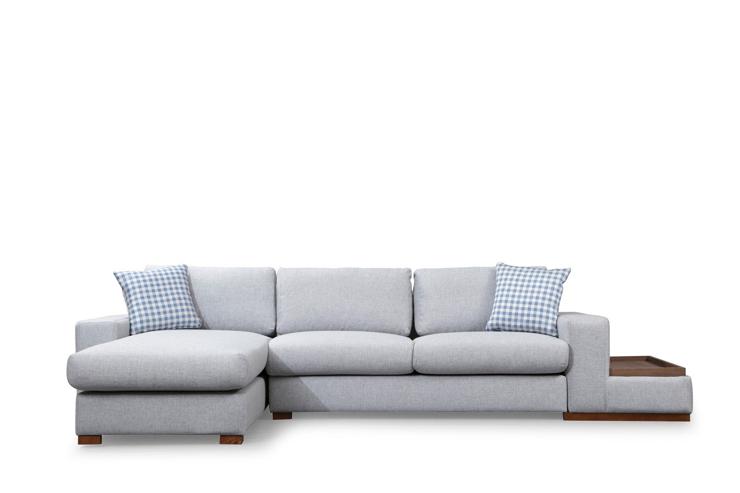 Sofá de canto elegante com pernas de nogueira, tecido cinza claro, 332 x 194 cm | 100% poliéster, almofadas portáteis, perfeito para decoração escandinava e hoteleira