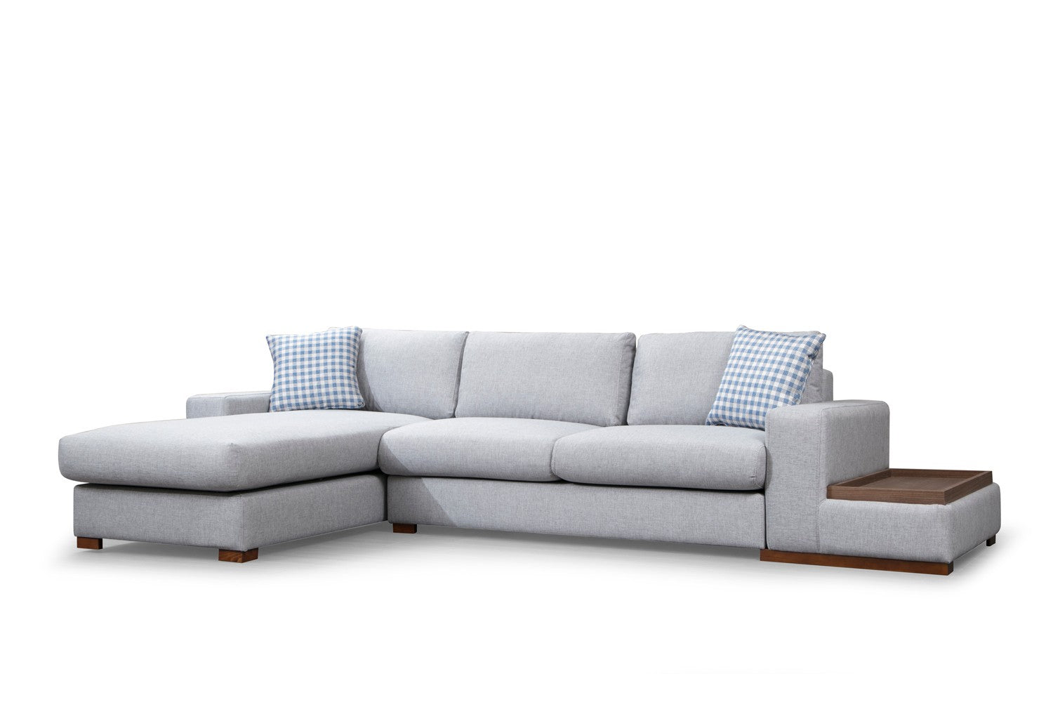 Sofá de canto elegante com pernas de nogueira, tecido cinza claro, 332 x 194 cm | 100% poliéster, almofadas portáteis, perfeito para decoração escandinava e hoteleira