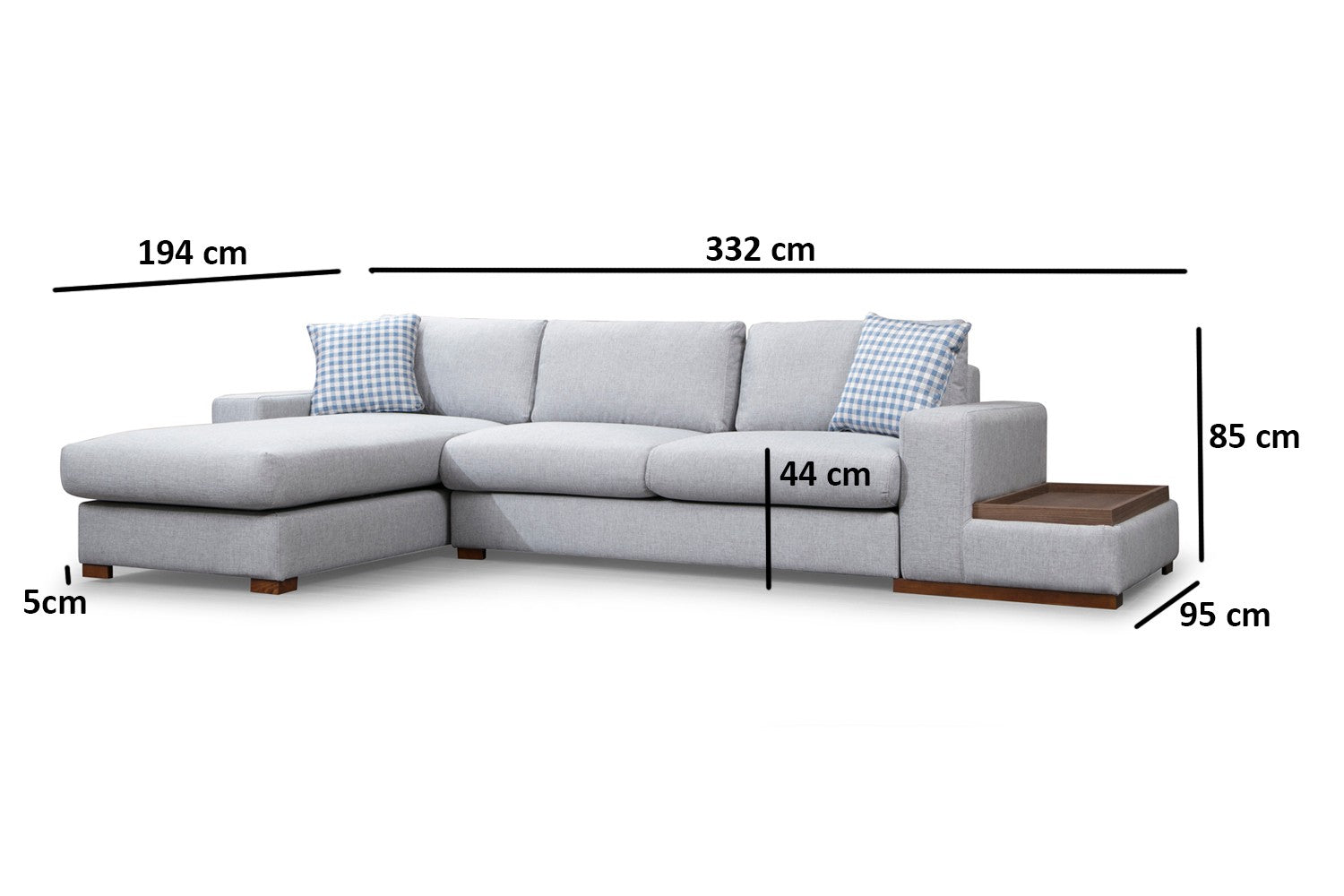 Sofá de canto elegante com pernas de nogueira, tecido cinza claro, 332 x 194 cm | 100% poliéster, almofadas portáteis, perfeito para decoração escandinava e hoteleira