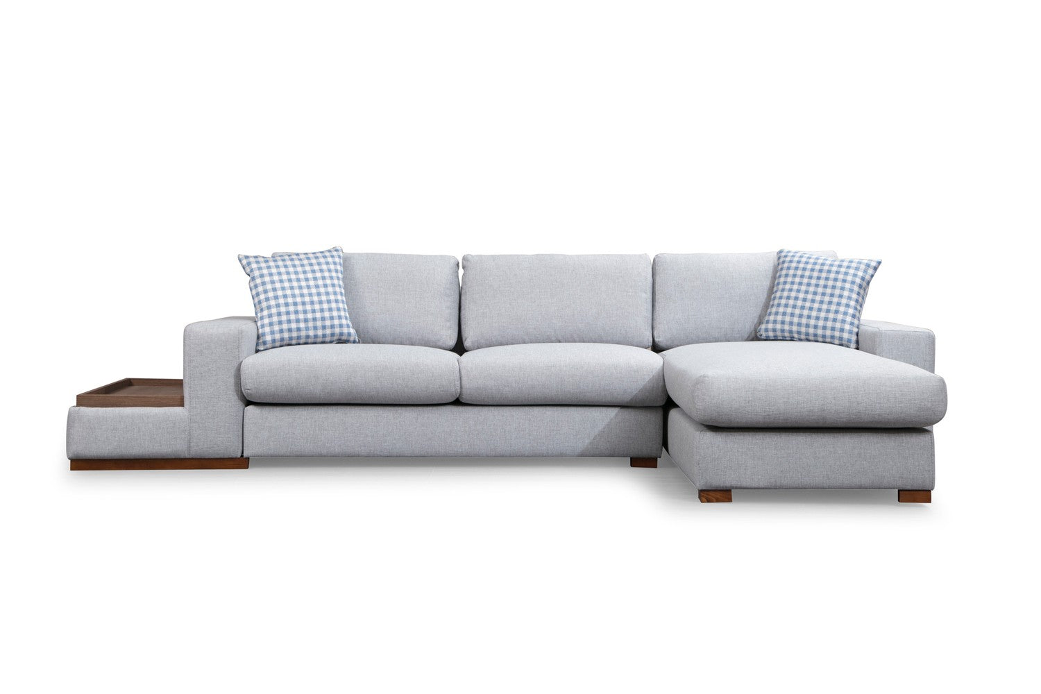 Sofá de canto elegante com estrutura de madeira de faia, tecido de poliéster cinza claro, 332 x 194 cm | Inclui 2 almofadas portáteis e pernas de nogueira | Perfeito para casas escandinavas