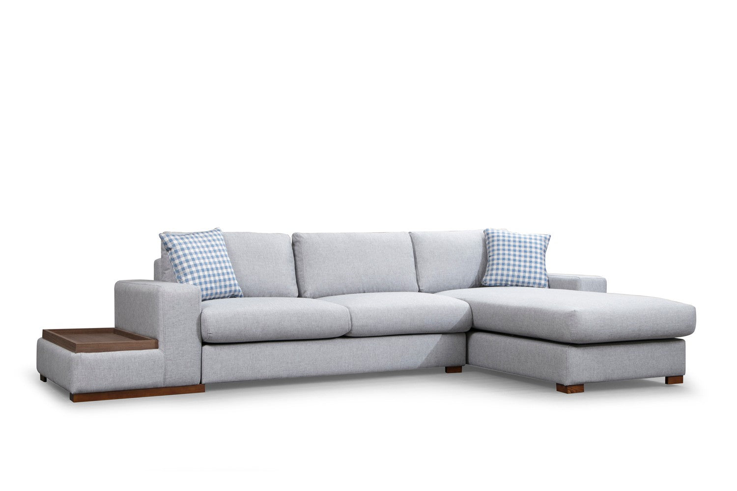 Sofá de canto elegante com estrutura de madeira de faia, tecido de poliéster cinza claro, 332 x 194 cm | Inclui 2 almofadas portáteis e pernas de nogueira | Perfeito para casas escandinavas