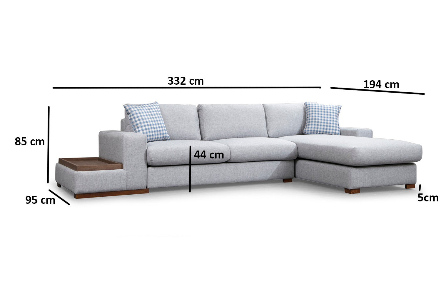 Sofá de canto elegante com estrutura de madeira de faia, tecido de poliéster cinza claro, 332 x 194 cm | Inclui 2 almofadas portáteis e pernas de nogueira | Perfeito para casas escandinavas