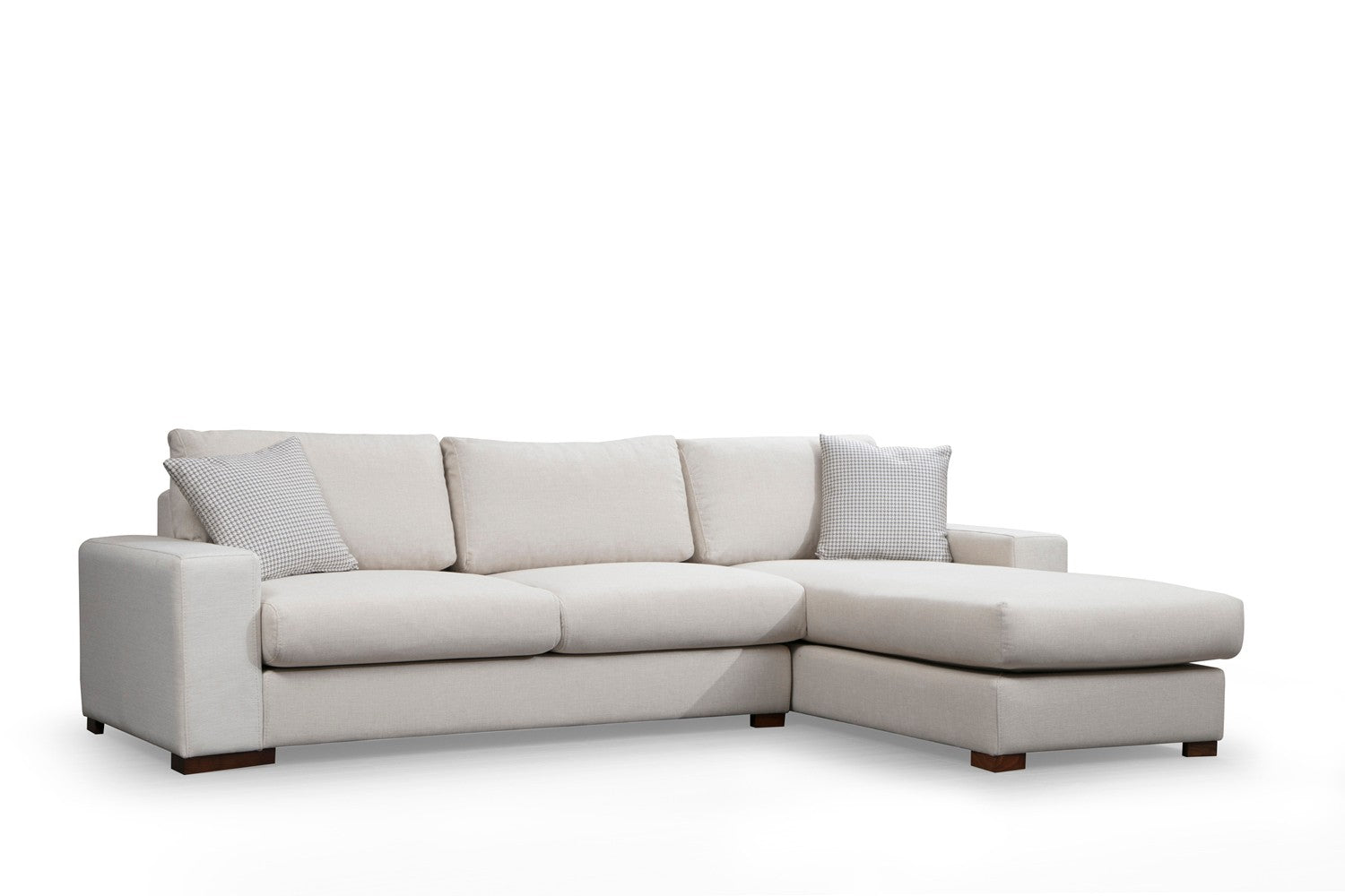Sofá de canto elegante, 270 x 194 cm, estrutura de madeira de faia, 100% poliéster, pernas de nogueira, almofadas portáteis, lavável a seco, design escandinavo, branco