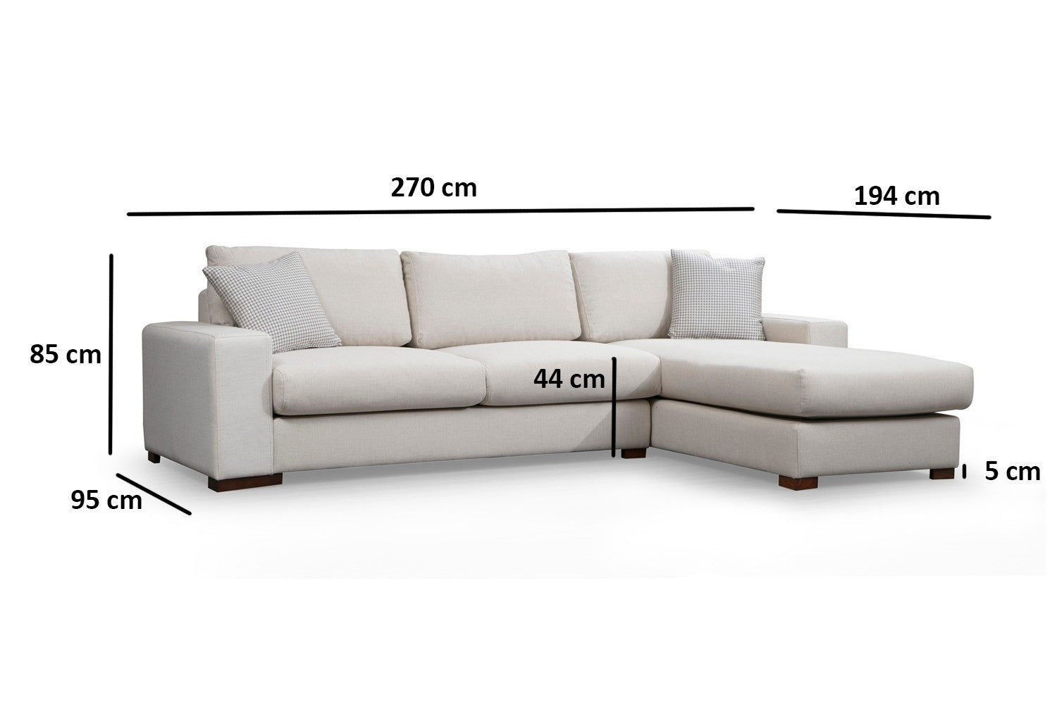 Sofá de canto elegante, 270 x 194 cm, estrutura de madeira de faia, 100% poliéster, pernas de nogueira, almofadas portáteis, lavável a seco, design escandinavo, branco