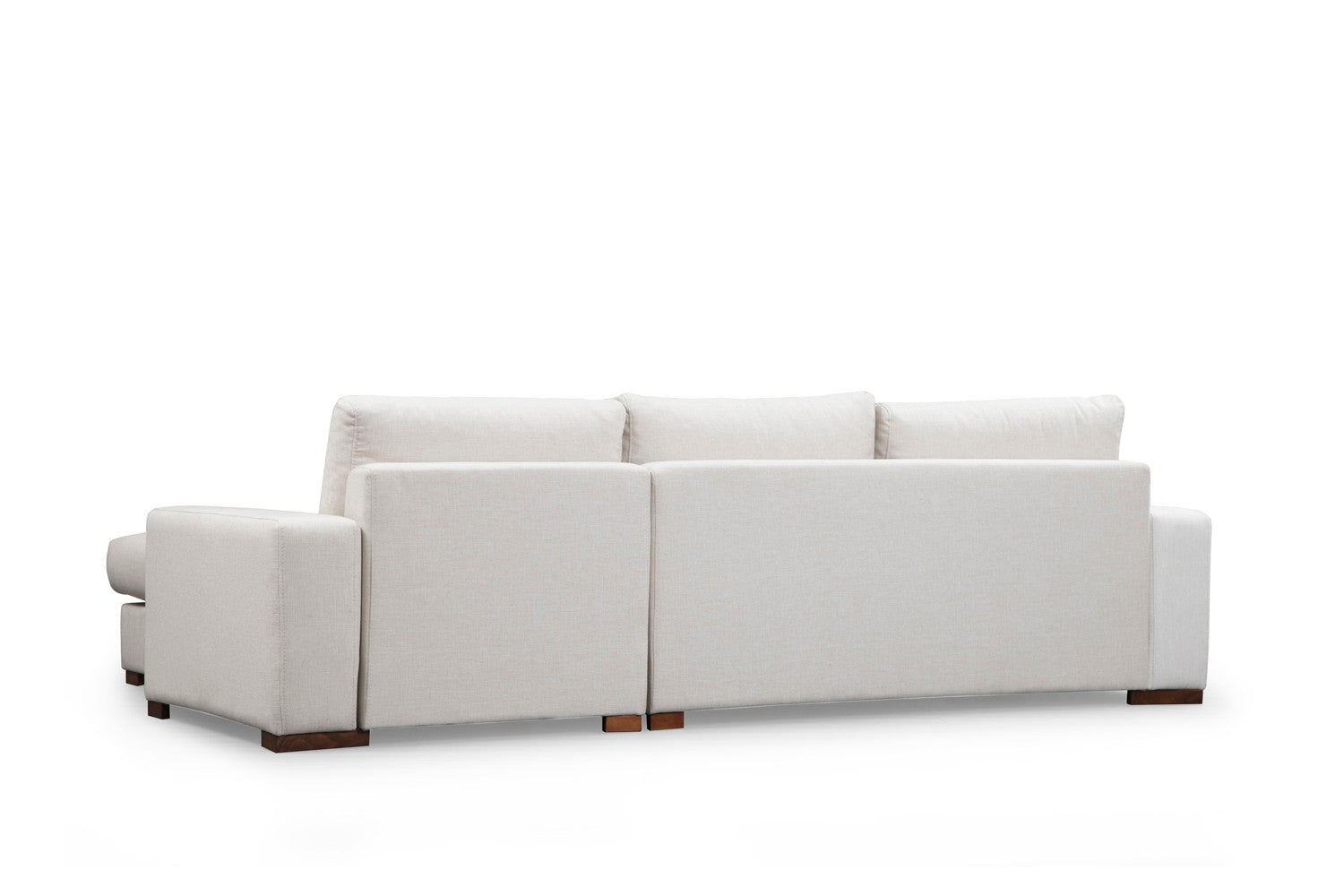 Sofá de canto elegante, 270 x 194 cm, estrutura de madeira de faia, 100% poliéster, pernas de nogueira, almofadas portáteis, lavável a seco, design escandinavo, branco