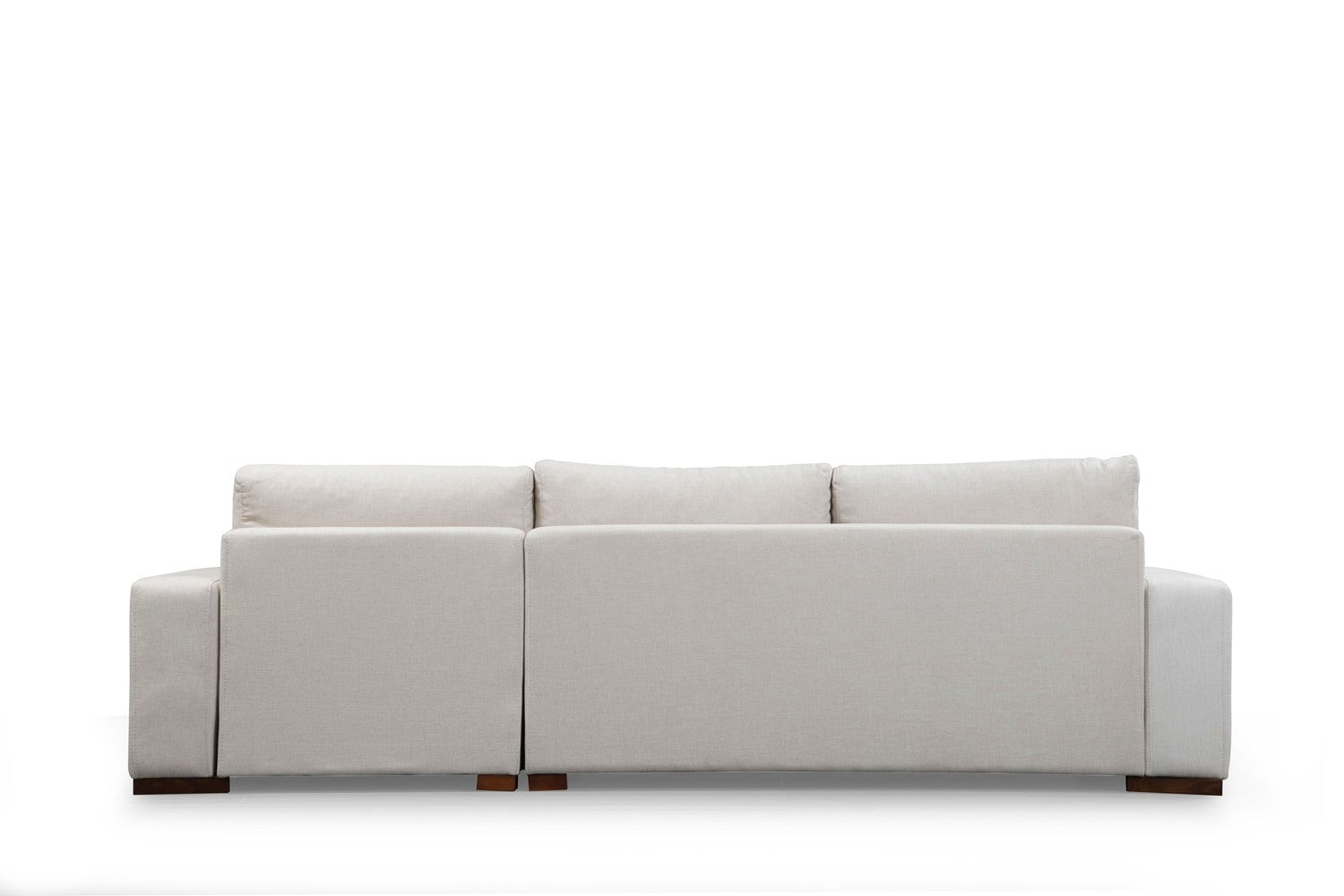 Sofá de canto elegante, 270 x 194 cm, estrutura de madeira de faia, 100% poliéster, pernas de nogueira, almofadas portáteis, lavável a seco, design escandinavo, branco