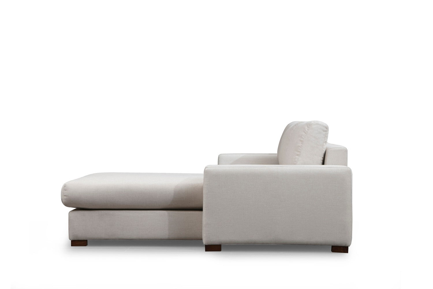 Sofá de canto elegante, 270 x 194 cm, estrutura de madeira de faia, 100% poliéster, pernas de nogueira, almofadas portáteis, lavável a seco, design escandinavo, branco
