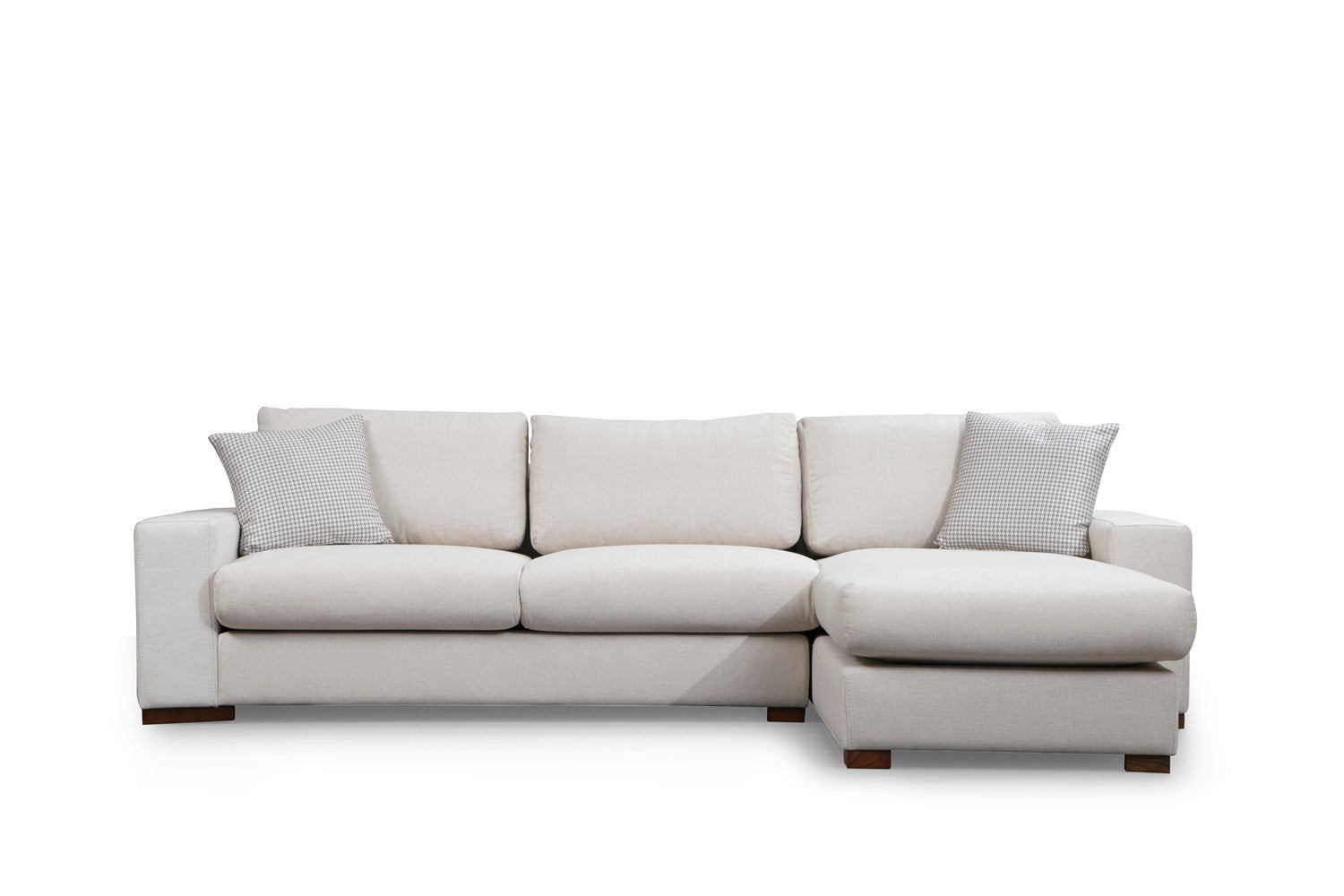 Sofá de canto elegante, 270 x 194 cm, estrutura de madeira de faia, 100% poliéster, pernas de nogueira, almofadas portáteis, lavável a seco, design escandinavo, branco