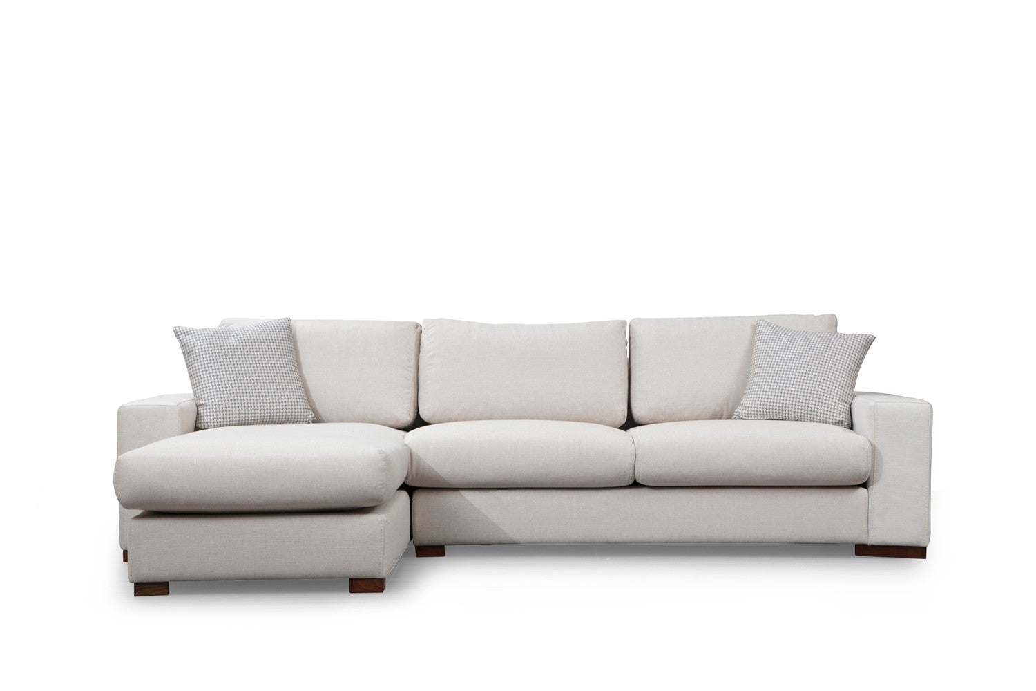 Sofá de canto elegante, 270 x 194 cm, estrutura de madeira de faia, 100% poliéster, pernas de nogueira, almofadas portáteis, lavável a seco, design escandinavo, branco