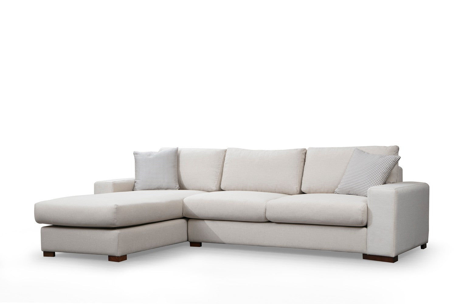 Sofá de canto elegante, 270 x 194 cm, estrutura de madeira de faia, 100% poliéster, pernas de nogueira, almofadas portáteis, lavável a seco, design escandinavo, branco
