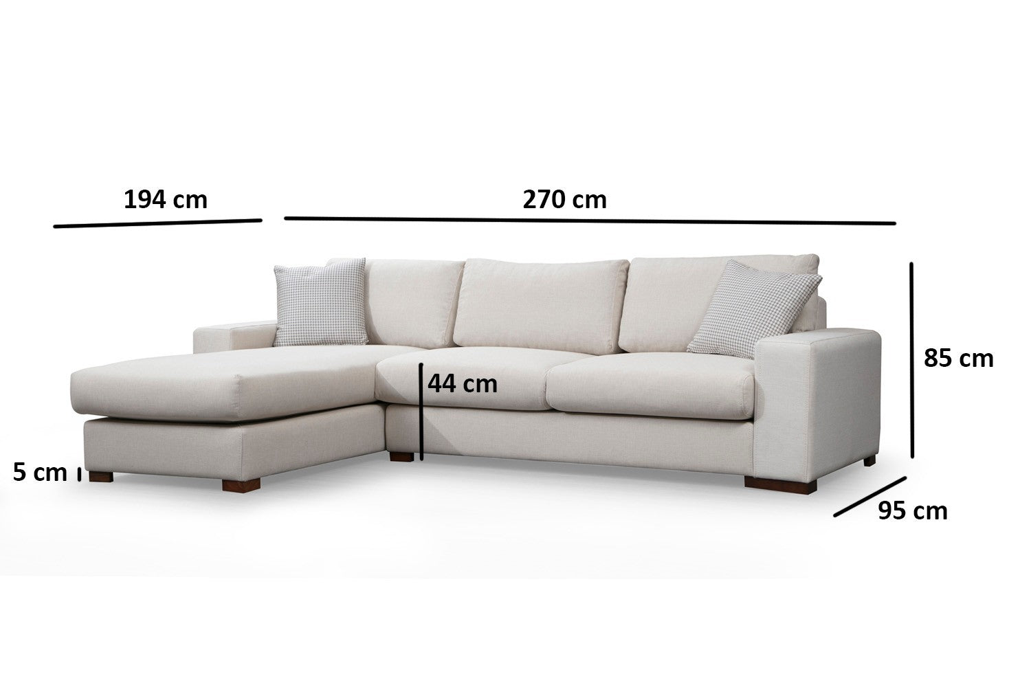 Sofá de canto elegante, 270 x 194 cm, estrutura de madeira de faia, 100% poliéster, pernas de nogueira, almofadas portáteis, lavável a seco, design escandinavo, branco
