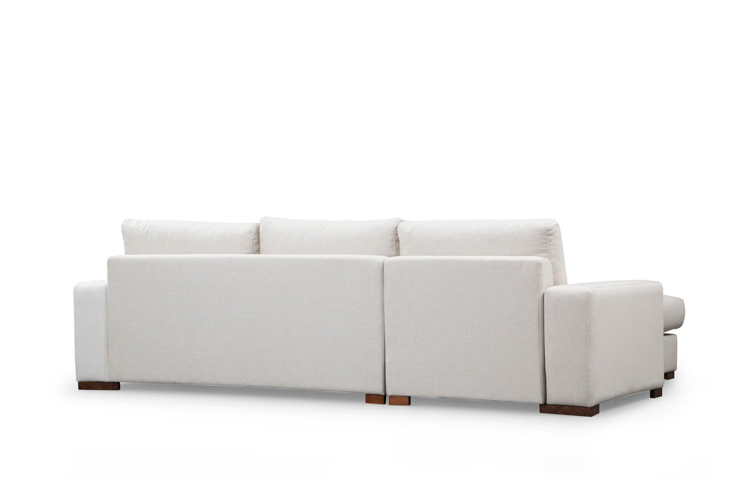 Sofá de canto elegante, 270 x 194 cm, estrutura de madeira de faia, 100% poliéster, pernas de nogueira, almofadas portáteis, lavável a seco, design escandinavo, branco