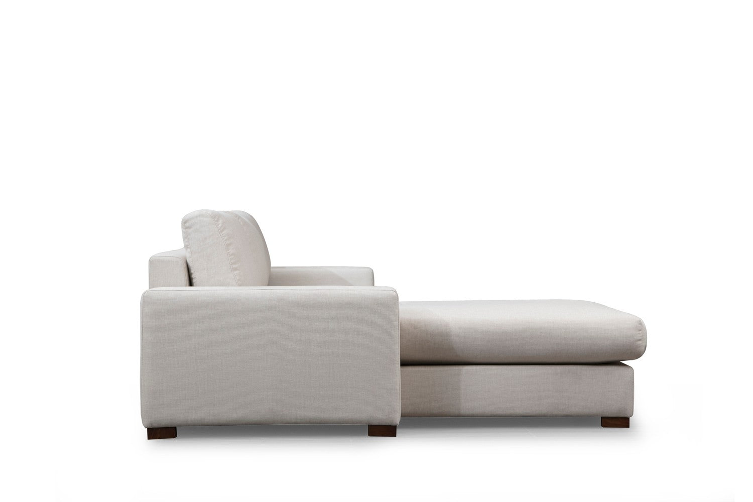 Sofá de canto elegante, 270 x 194 cm, estrutura de madeira de faia, 100% poliéster, pernas de nogueira, almofadas portáteis, lavável a seco, design escandinavo, branco