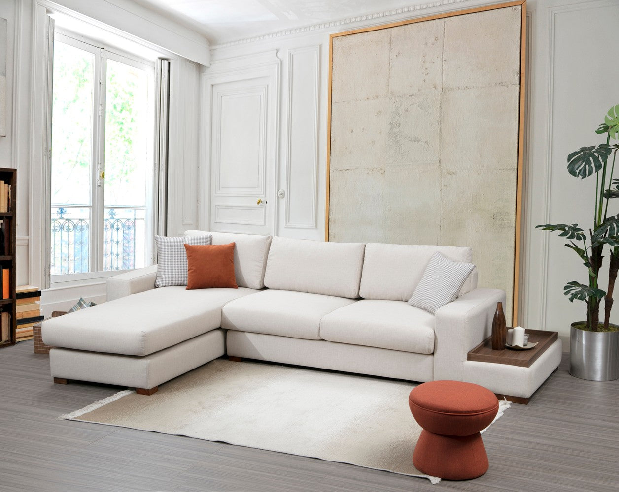 Sofá de canto elegante com estrutura de madeira de faia, 312 x 194 cm, 100% poliéster, pernas de nogueira, inclui 2 almofadas | Design escandinavo moderno, tecido lavável a seco