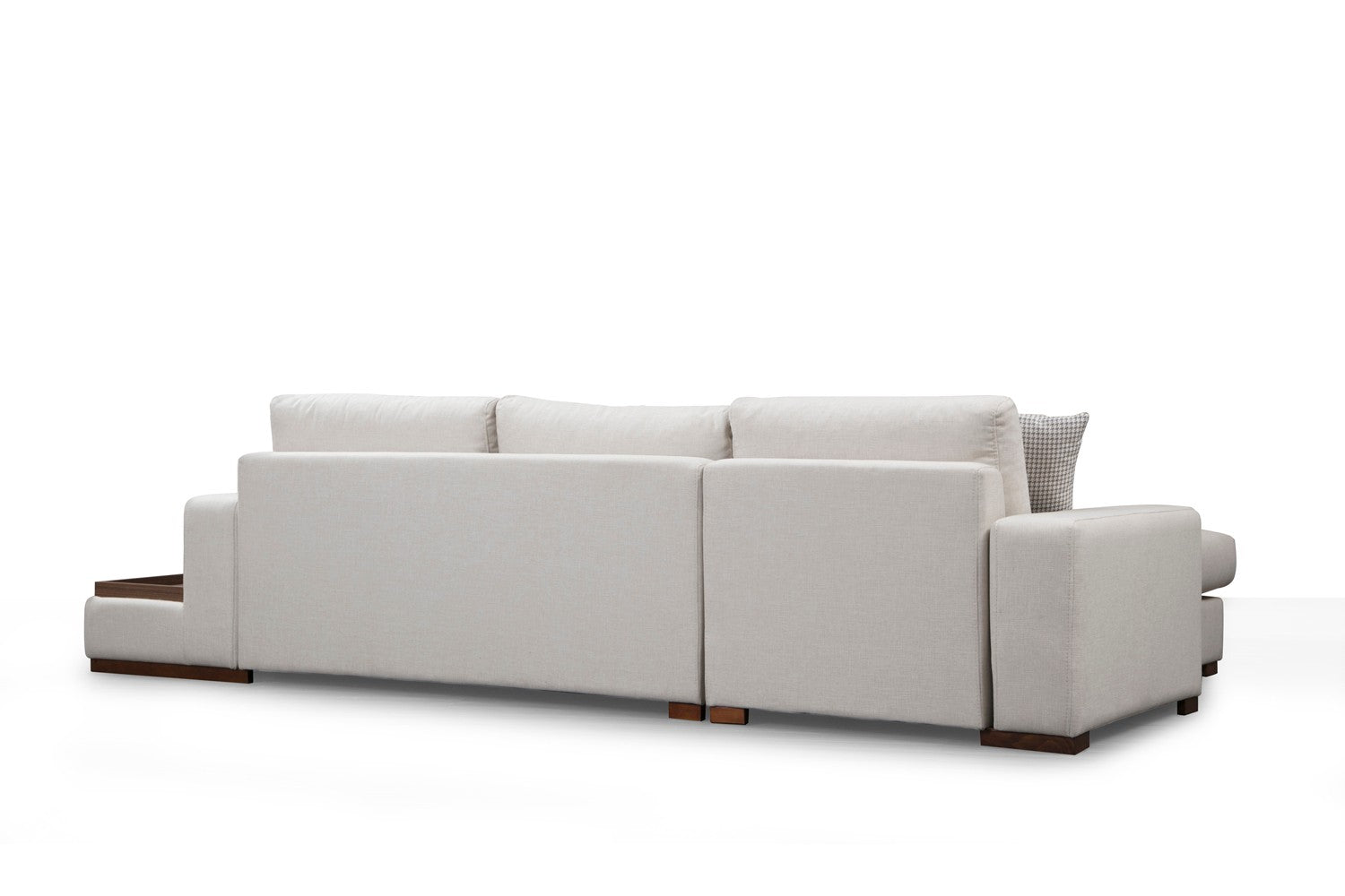 Sofá de canto elegante com estrutura de madeira de faia, 312 x 194 cm, 100% poliéster, pernas de nogueira, inclui 2 almofadas | Design escandinavo moderno, tecido lavável a seco