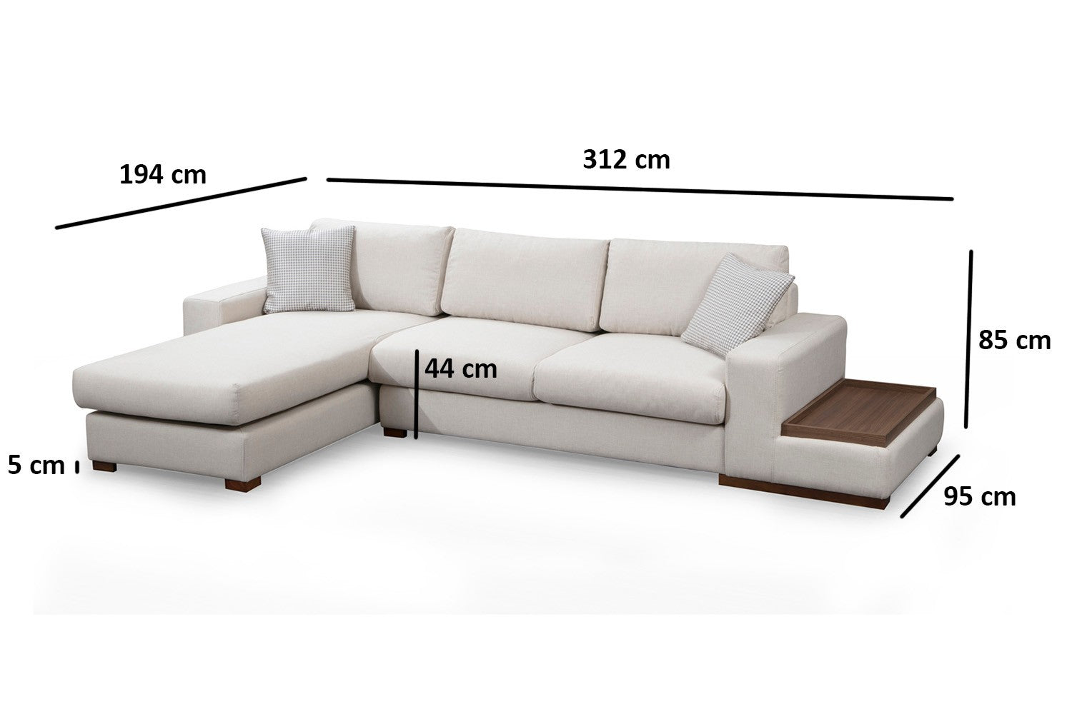 Sofá de canto elegante com estrutura de madeira de faia, 312 x 194 cm, 100% poliéster, pernas de nogueira, inclui 2 almofadas | Design escandinavo moderno, tecido lavável a seco