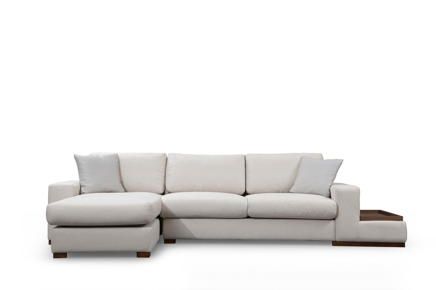 Sofá de canto elegante com estrutura de madeira de faia, 312 x 194 cm, 100% poliéster, pernas de nogueira, inclui 2 almofadas | Design escandinavo moderno, tecido lavável a seco