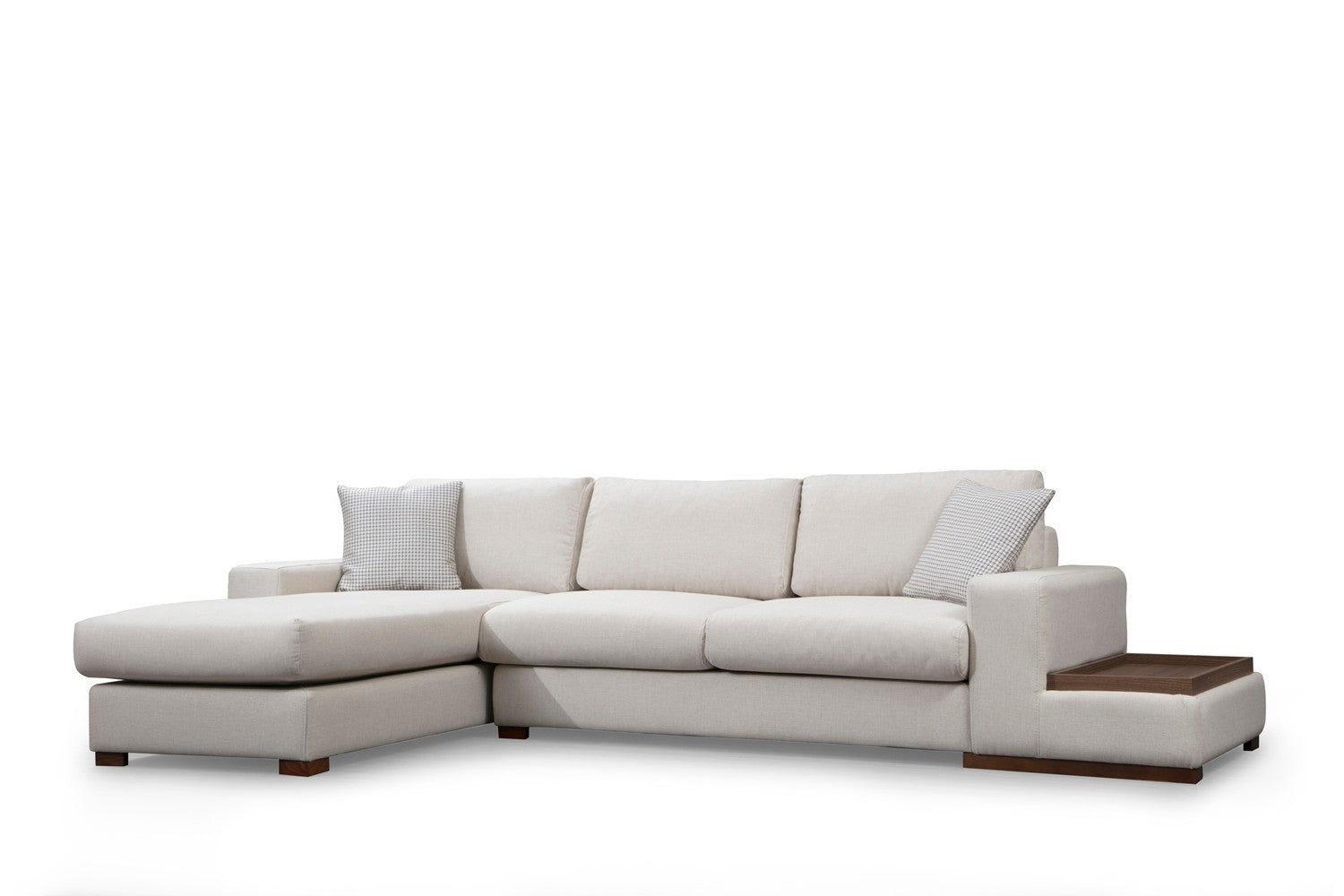 Sofá de canto elegante com estrutura de madeira de faia, 312 x 194 cm, 100% poliéster, pernas de nogueira, inclui 2 almofadas | Design escandinavo moderno, tecido lavável a seco
