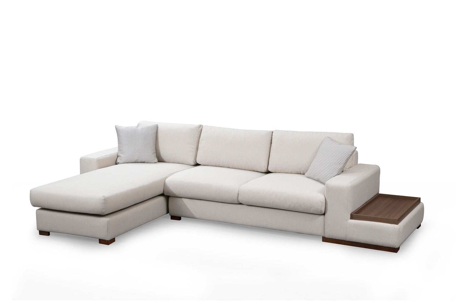 Sofá de canto elegante com estrutura de madeira de faia, 312 x 194 cm, 100% poliéster, pernas de nogueira, inclui 2 almofadas | Design escandinavo moderno, tecido lavável a seco