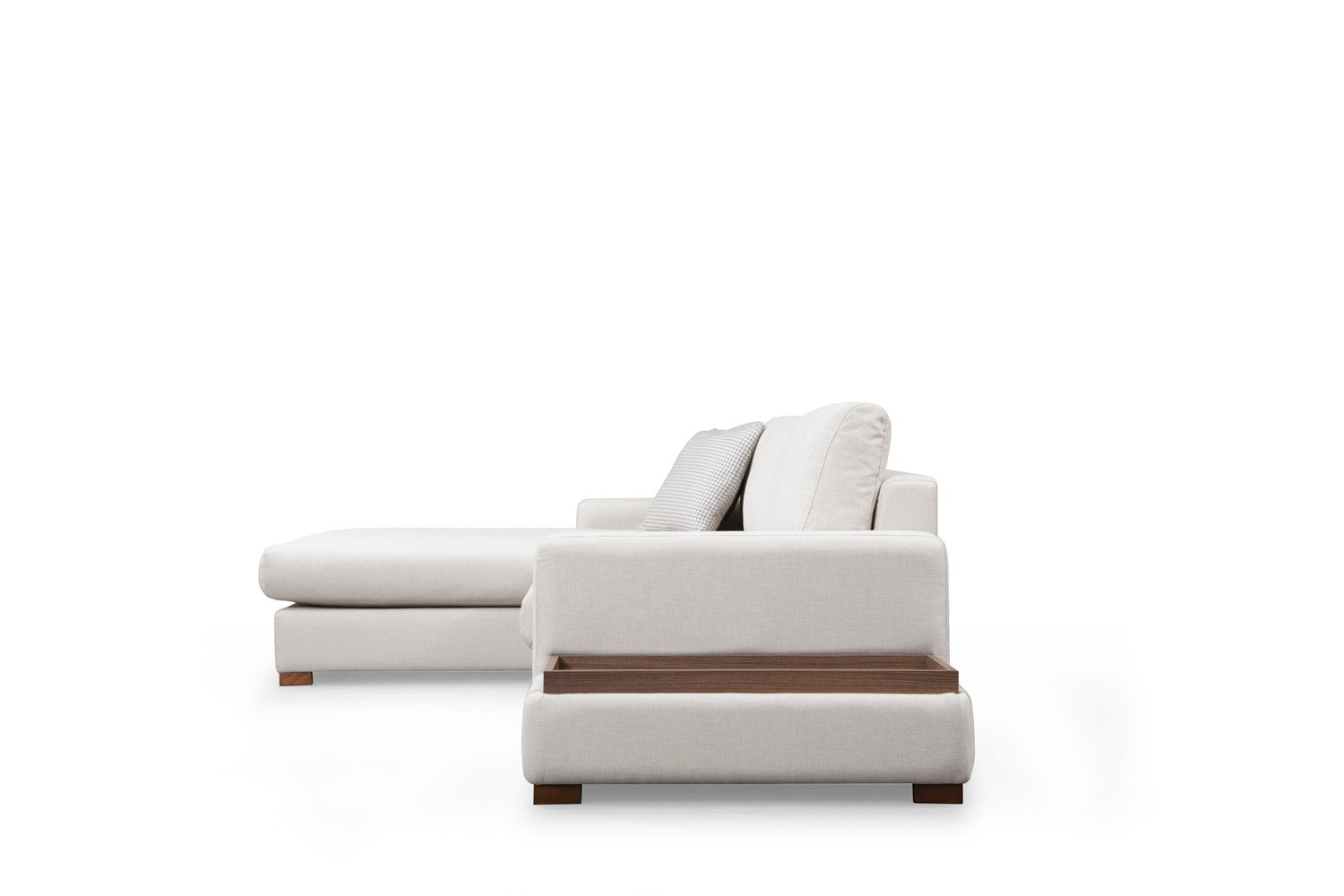 Sofá de canto elegante com estrutura de madeira de faia, 312 x 194 cm, 100% poliéster, pernas de nogueira, inclui 2 almofadas | Design escandinavo moderno, tecido lavável a seco