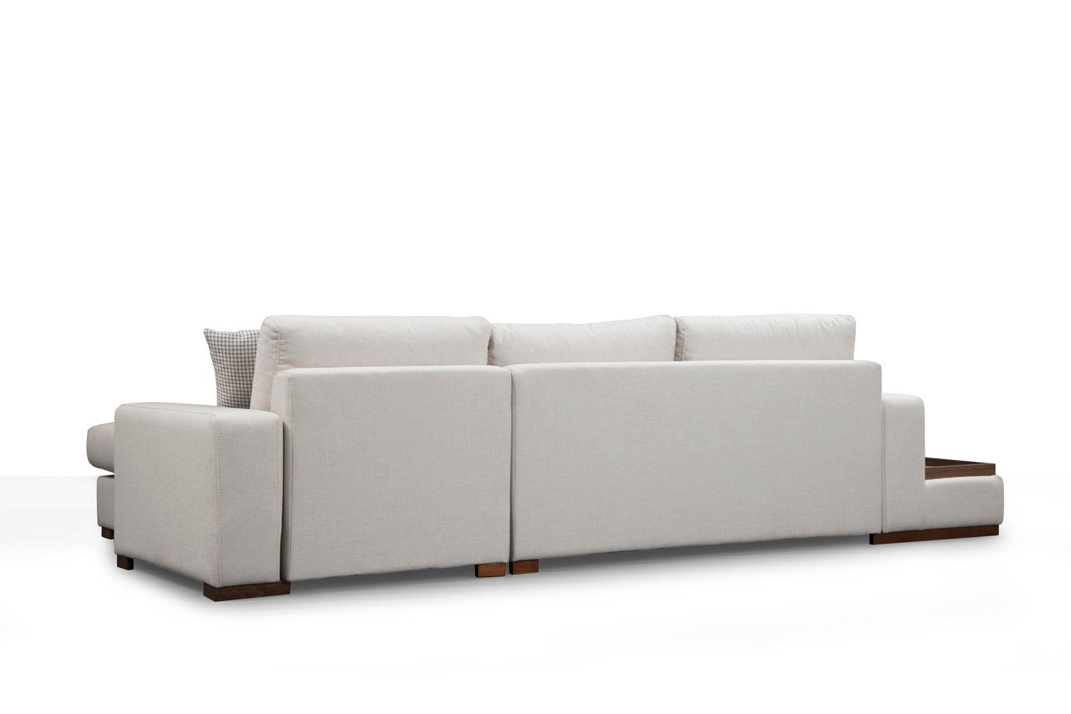 Sofá de canto elegante com estrutura de madeira de faia, 312 x 194 cm, 100% poliéster, pernas de nogueira, inclui 2 almofadas | Design escandinavo moderno, tecido lavável a seco