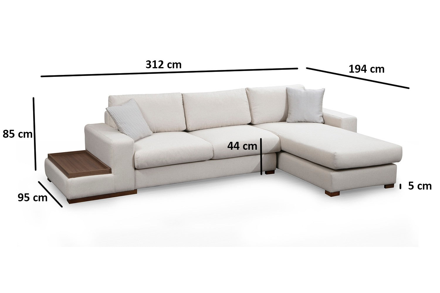 Sofá de canto elegante com estrutura de madeira de faia, 312 x 194 cm, 100% poliéster, pernas de nogueira, inclui 2 almofadas | Design escandinavo moderno, tecido lavável a seco