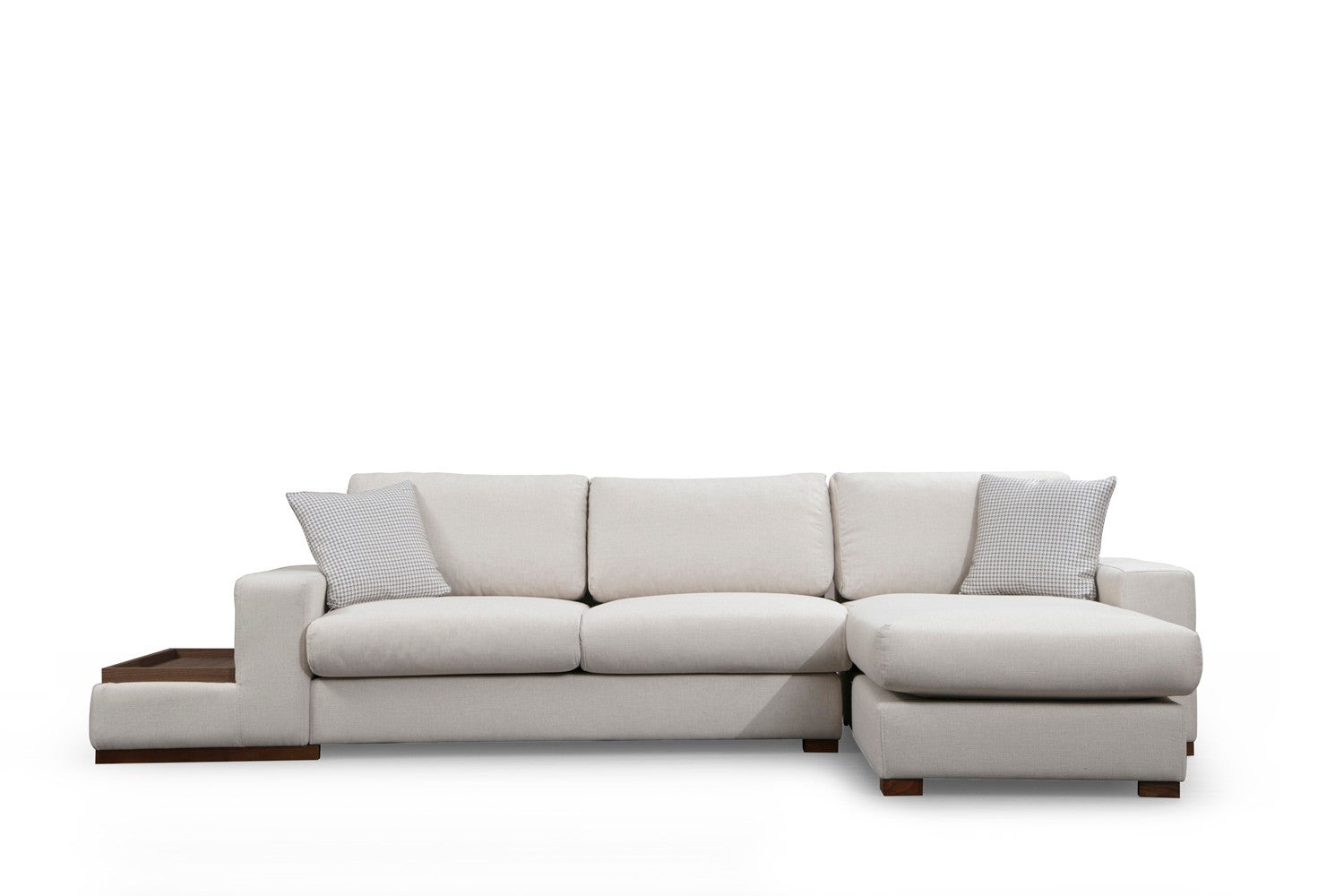 Sofá de canto elegante com estrutura de madeira de faia, 312 x 194 cm, 100% poliéster, pernas de nogueira, inclui 2 almofadas | Design escandinavo moderno, tecido lavável a seco