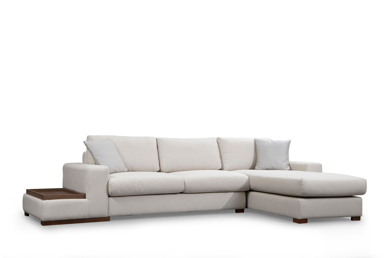 Sofá de canto elegante com estrutura de madeira de faia, 312 x 194 cm, 100% poliéster, pernas de nogueira, inclui 2 almofadas | Design escandinavo moderno, tecido lavável a seco