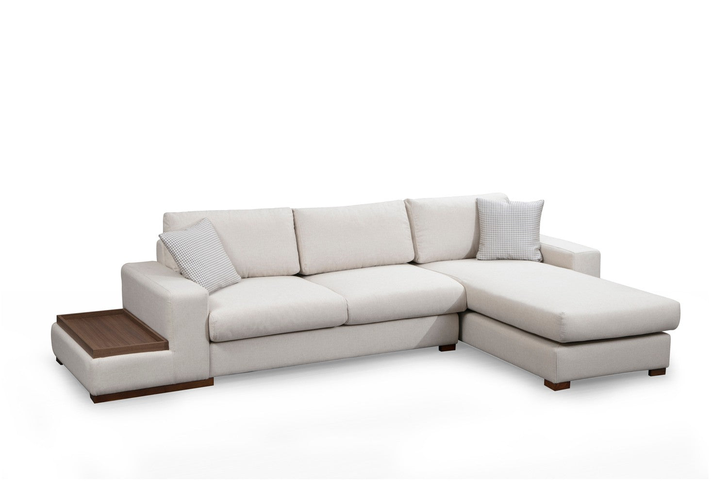 Sofá de canto elegante com estrutura de madeira de faia, 312 x 194 cm, 100% poliéster, pernas de nogueira, inclui 2 almofadas | Design escandinavo moderno, tecido lavável a seco