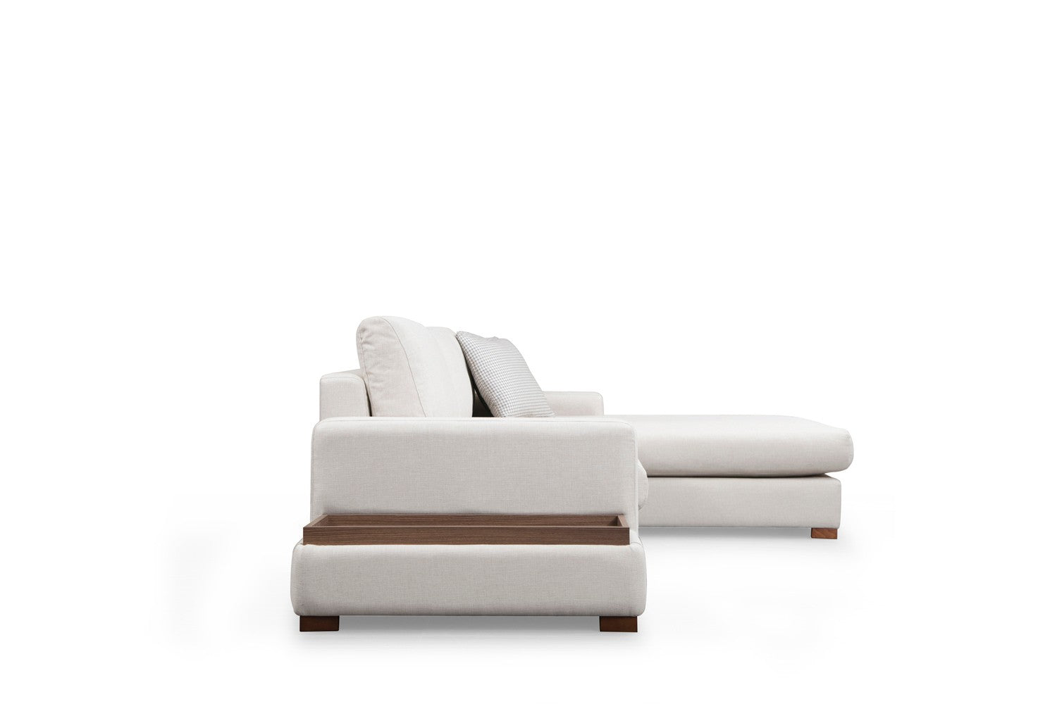 Sofá de canto elegante com estrutura de madeira de faia, 312 x 194 cm, 100% poliéster, pernas de nogueira, inclui 2 almofadas | Design escandinavo moderno, tecido lavável a seco