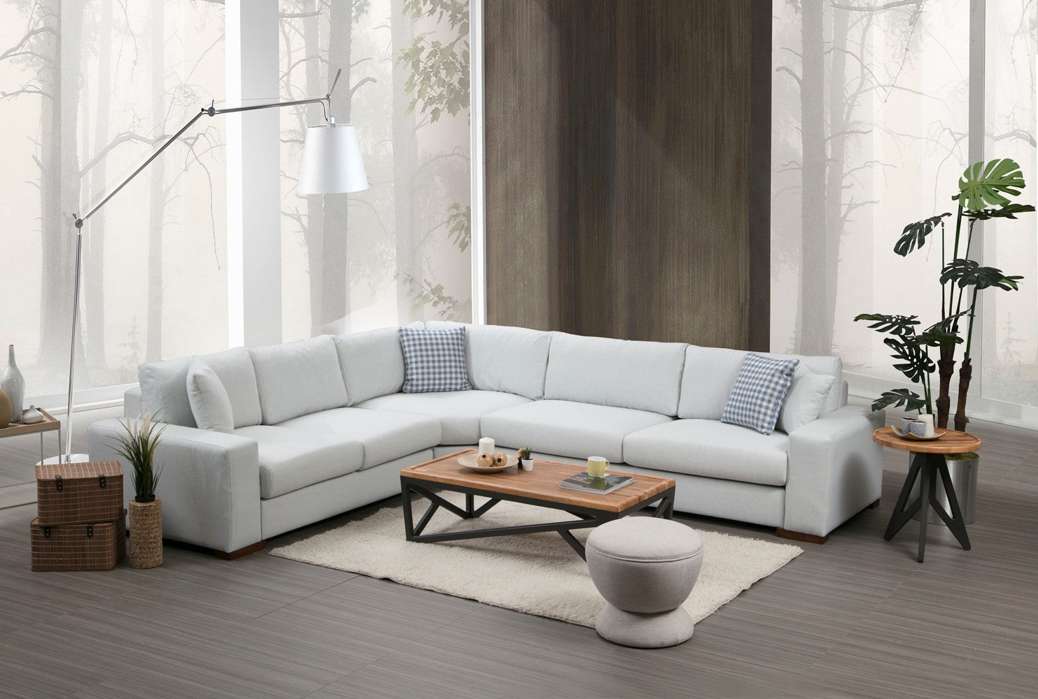 Sofá de canto elegante, estrutura de madeira de faia e aglomerado, 282 x 322 cm, 100% poliéster, almofadas portáteis, pernas de nogueira, design escandinavo, branco