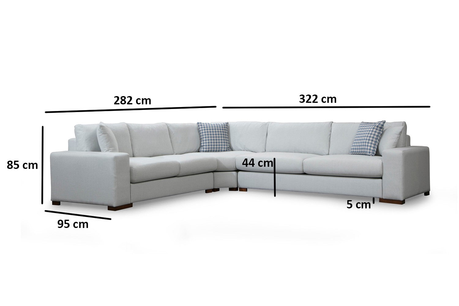 Sofá de canto elegante, estrutura de madeira de faia e aglomerado, 282 x 322 cm, 100% poliéster, almofadas portáteis, pernas de nogueira, design escandinavo, branco