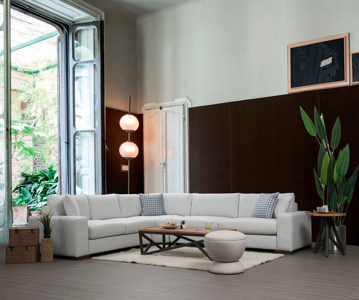 Sofá de canto elegante, estrutura de madeira de faia e aglomerado, 282 x 322 cm, 100% poliéster, almofadas portáteis, pernas de nogueira, design escandinavo, branco