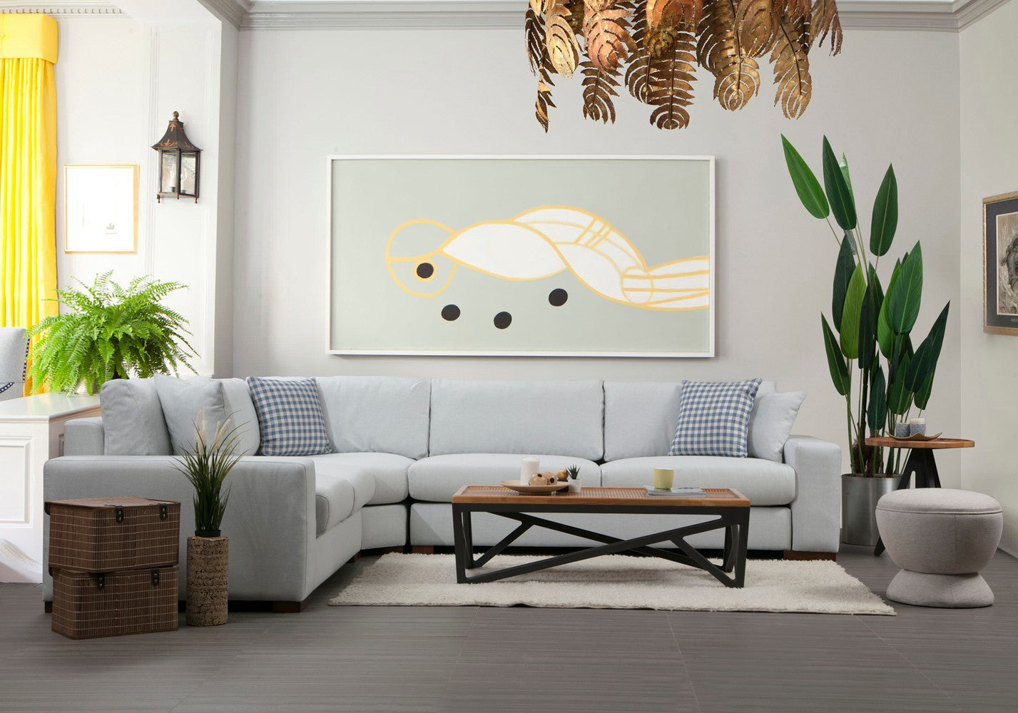 Sofá de canto elegante, estrutura de madeira de faia e aglomerado, 282 x 322 cm, 100% poliéster, almofadas portáteis, pernas de nogueira, design escandinavo, branco