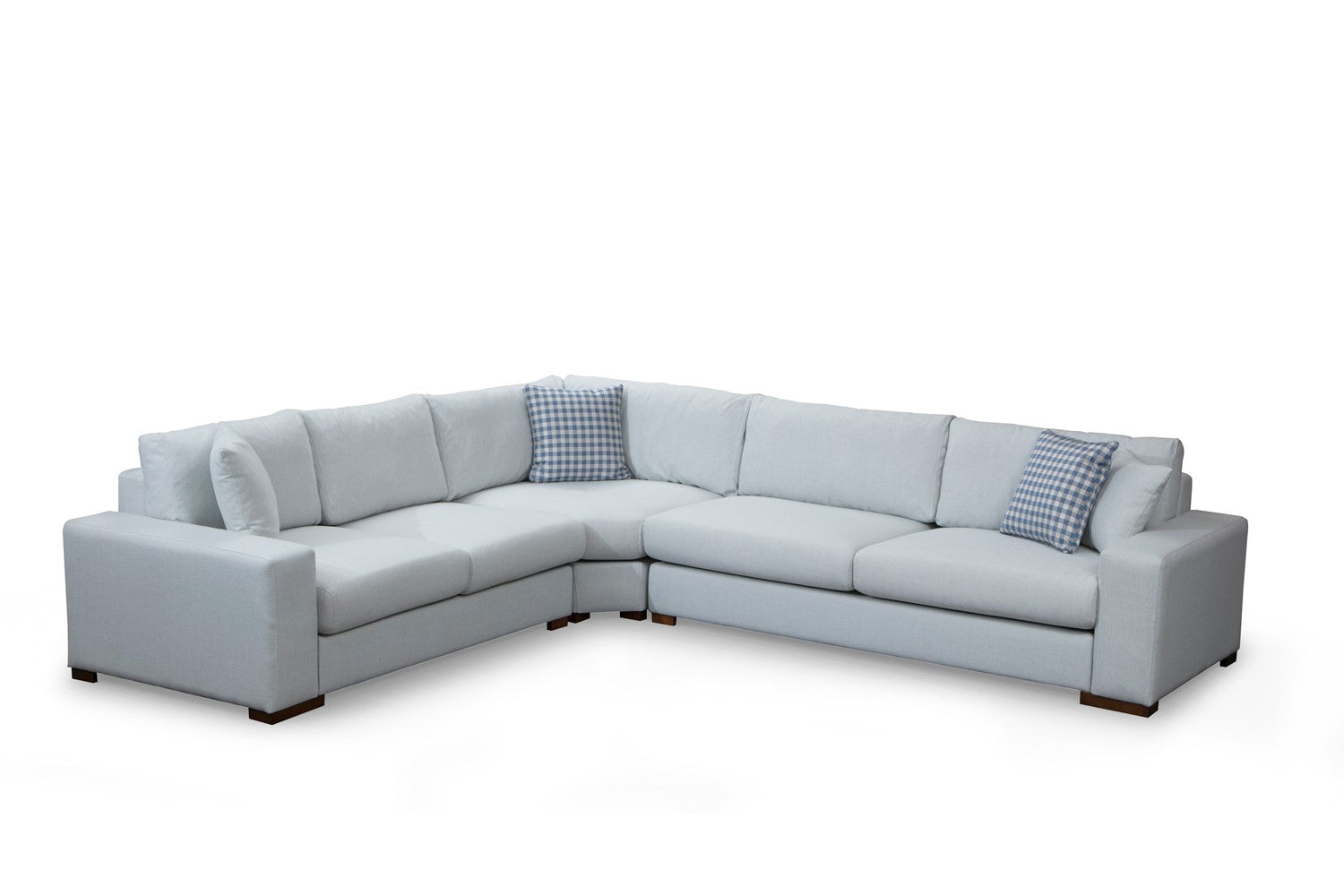 Sofá de canto elegante, estrutura de madeira de faia e aglomerado, 282 x 322 cm, 100% poliéster, almofadas portáteis, pernas de nogueira, design escandinavo, branco