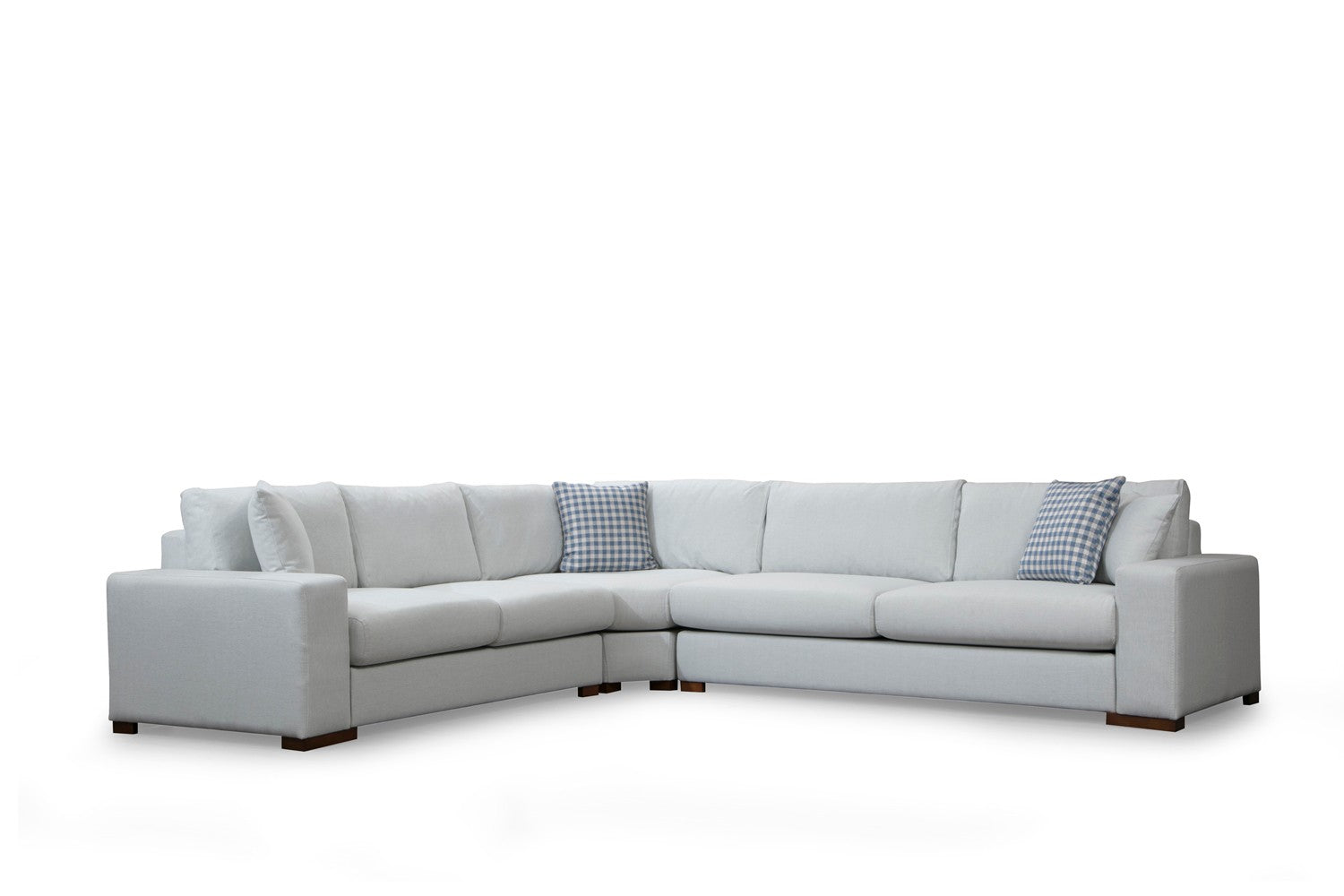 Sofá de canto elegante, estrutura de madeira de faia e aglomerado, 282 x 322 cm, 100% poliéster, almofadas portáteis, pernas de nogueira, design escandinavo, branco
