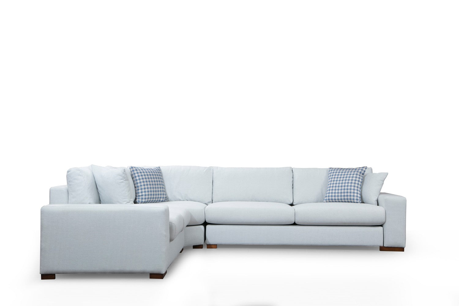 Sofá de canto elegante, estrutura de madeira de faia e aglomerado, 282 x 322 cm, 100% poliéster, almofadas portáteis, pernas de nogueira, design escandinavo, branco