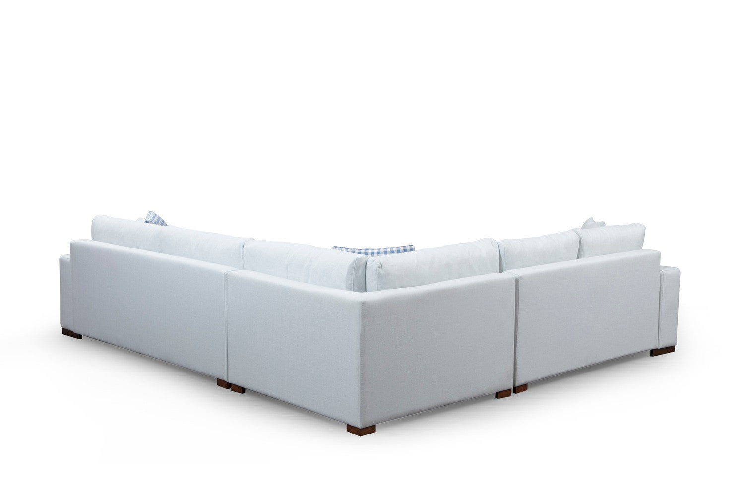 Sofá de canto elegante, estrutura de madeira de faia e aglomerado, 282 x 322 cm, 100% poliéster, almofadas portáteis, pernas de nogueira, design escandinavo, branco