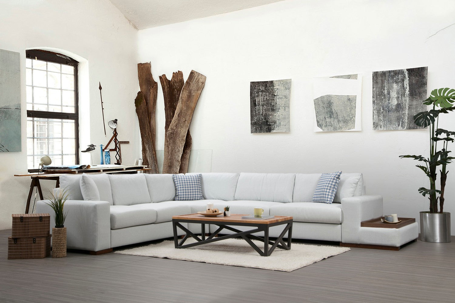 Sofá de canto elegante com estrutura de madeira de faia, 282 x 363 cm, 100% poliéster, pernas de nogueira, inclui 4 almofadas, perfeito para decoração escandinava e de hotel