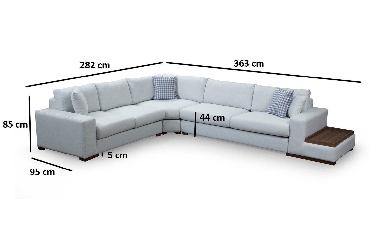 Sofá de canto elegante com estrutura de madeira de faia, 282 x 363 cm, 100% poliéster, pernas de nogueira, inclui 4 almofadas, perfeito para decoração escandinava e de hotel