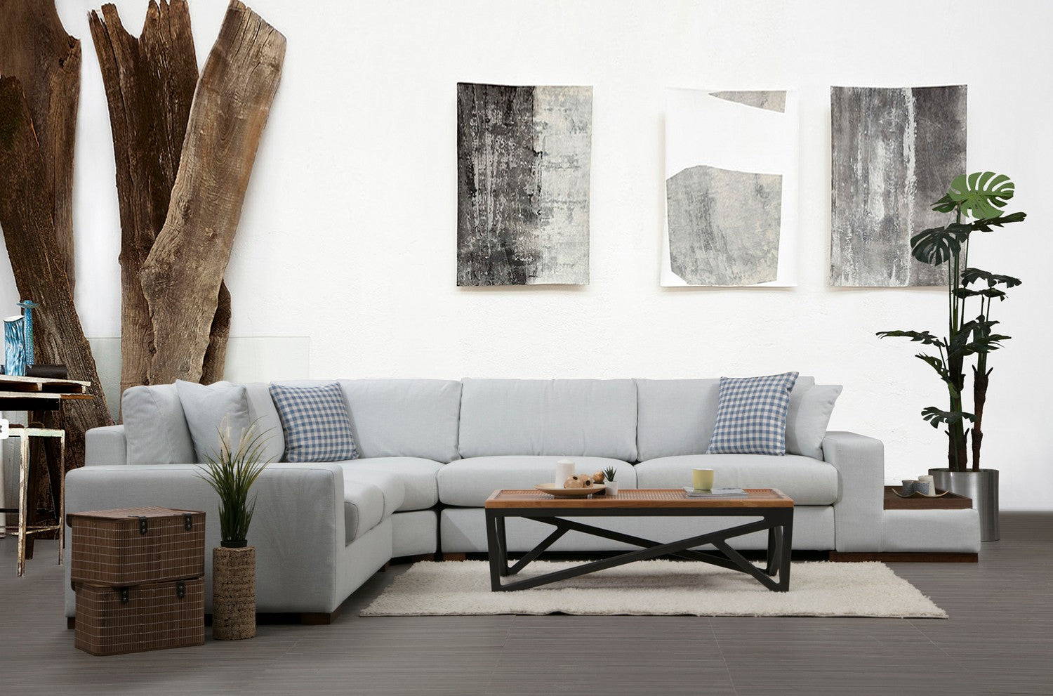 Sofá de canto elegante com estrutura de madeira de faia, 282 x 363 cm, 100% poliéster, pernas de nogueira, inclui 4 almofadas, perfeito para decoração escandinava e de hotel